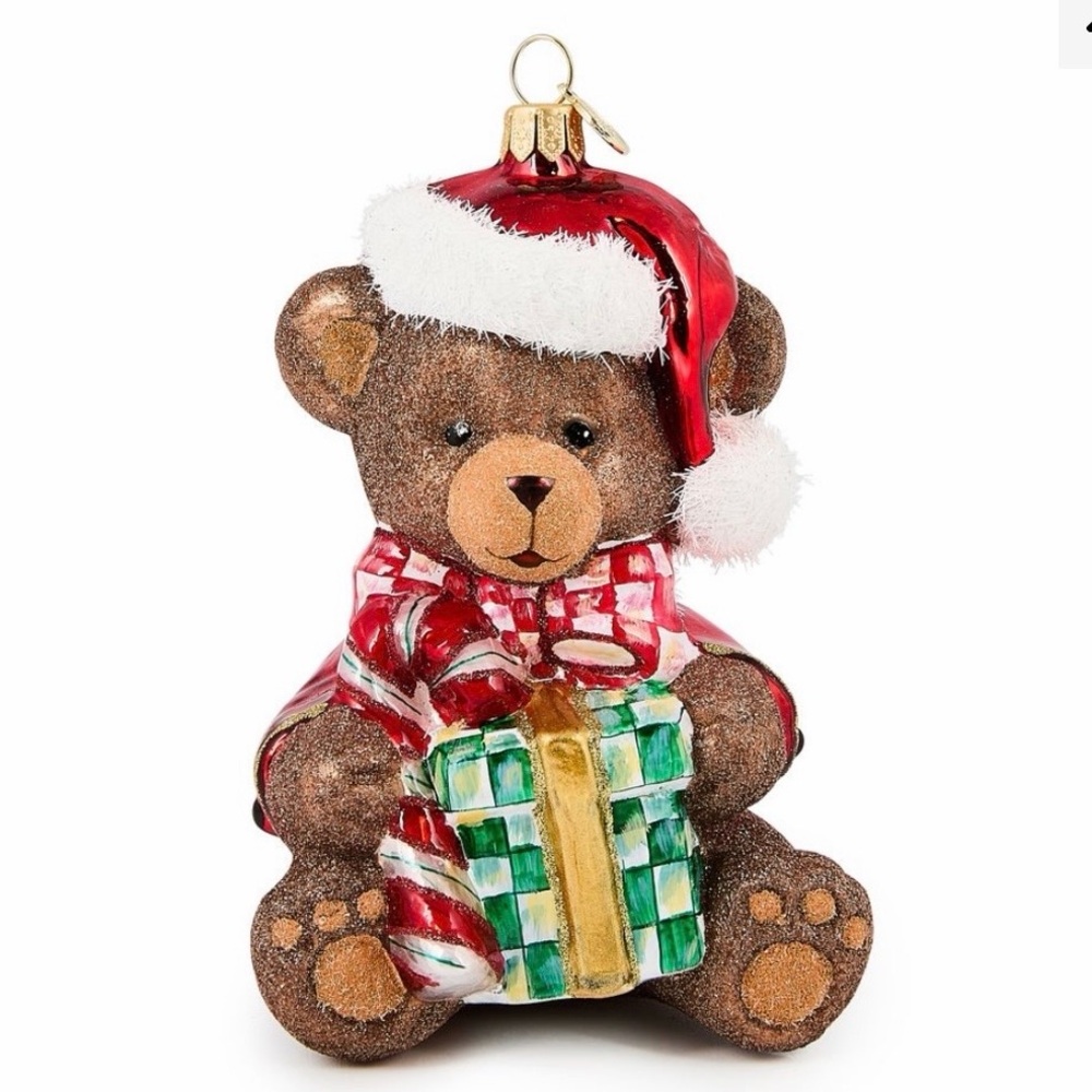 MacKenzie Childs TEDDY BEAR with GIFT BOX Blown Glass Ornament Christmas NEW